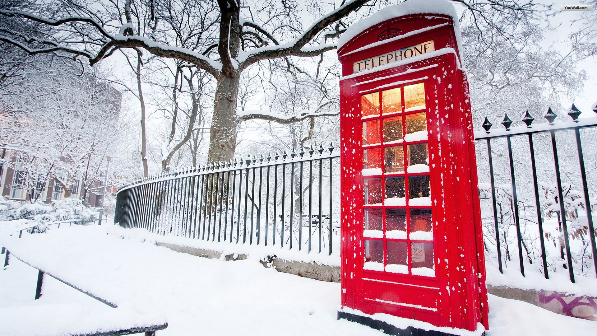 A London phone box in snow